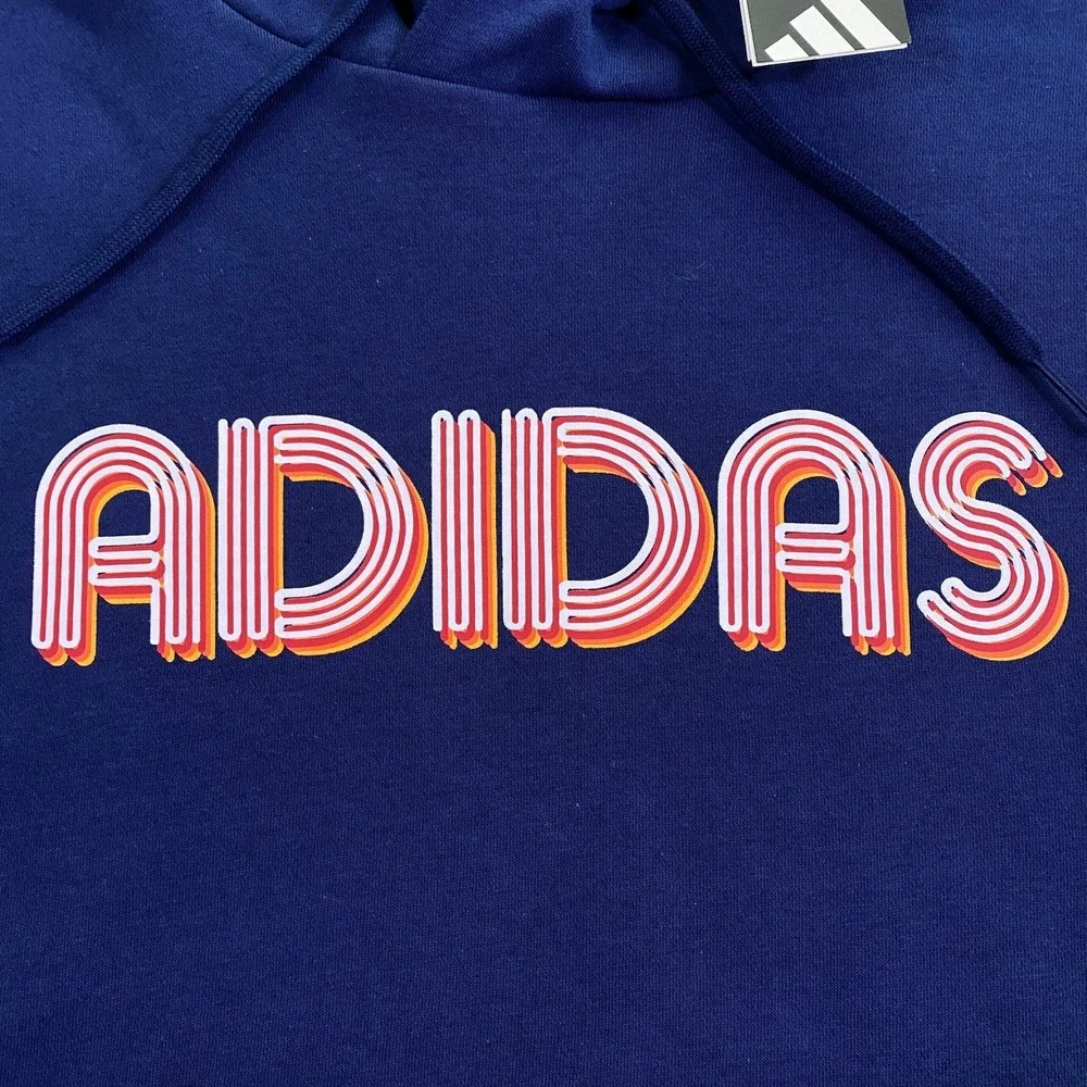 Adidas 3D Retro 70s Striped Logo Hoodie Mens XL Blue Spell Out Disco Groovy NWT
